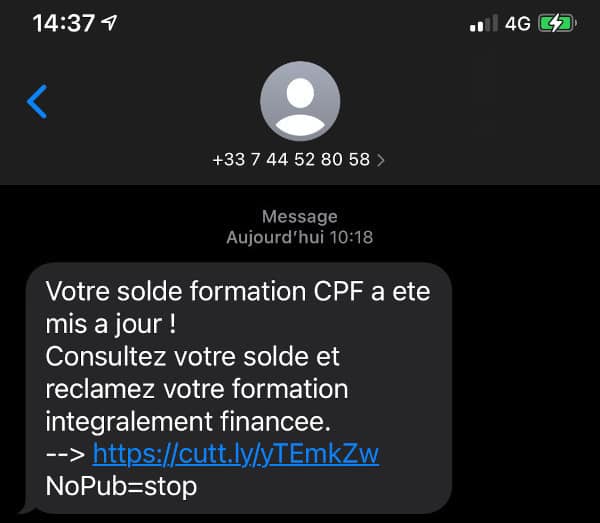 Tentative d'usurpation du compte personnel de formation par SMS